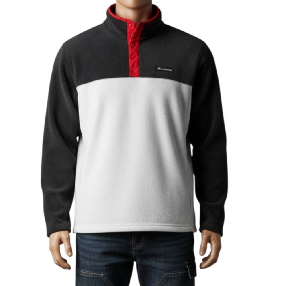 Columbia Fleece Henley Pullover Mens XXL Gray Red Trim Gorpcore Outdoorsy Layer